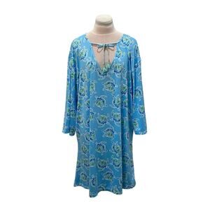 VIV & LOU Blue Green Sea Turtle Print Tassel Tie Cover Up Dress XXL Beach Resort